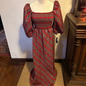 INC Red Plaid Smocked Dress